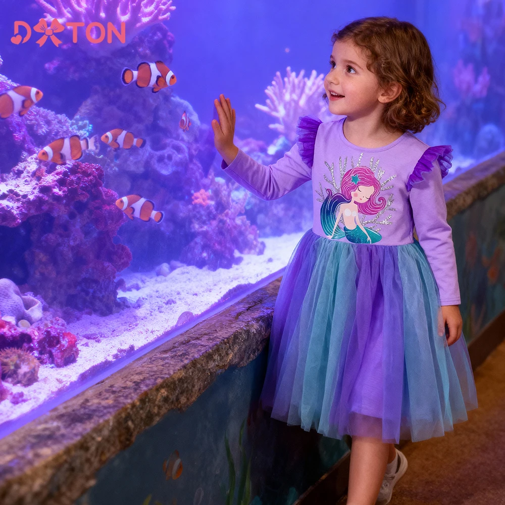 

2024 New Princess Dress Mermaid Spring Autumn Girls Dress Ruffle Long-sleeved Children's Party Clothes Gradient Mesh Kids Dress