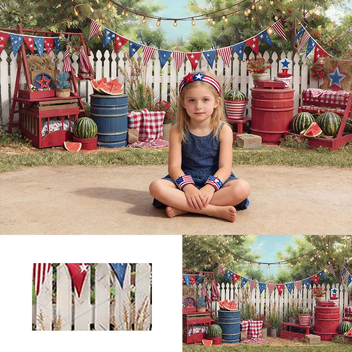 Rustic White Picket Fence Backdrop Watermelon String Light Independence Day Party Background for Photo Shoot Studio Prop