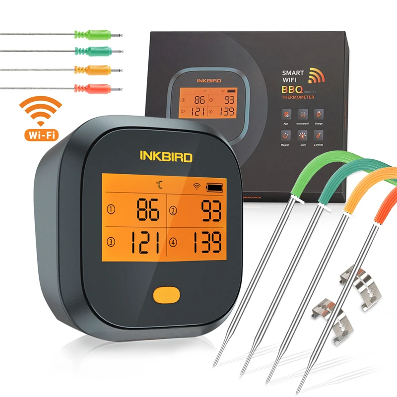 INKBIRD IBBQ-4T Wi-Fi Meat Digital Thermometer Rainproof Magnetic Alarm Thermometer for Grilling with 4 Probes for Kitchen Smoke