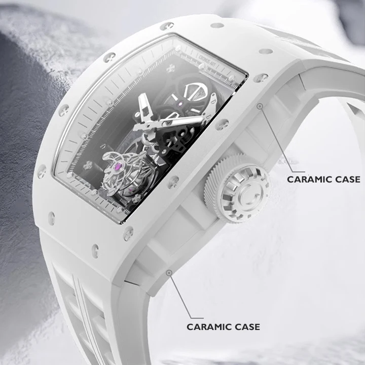 Reloj CRONUSART Tourbillon para hombre, 50mm x 42mm, esfera con mecanismo al descubierto de Panda, reloj de pulsera mecánico Tonneau, caja de zafiro, correa de caucho fluorado