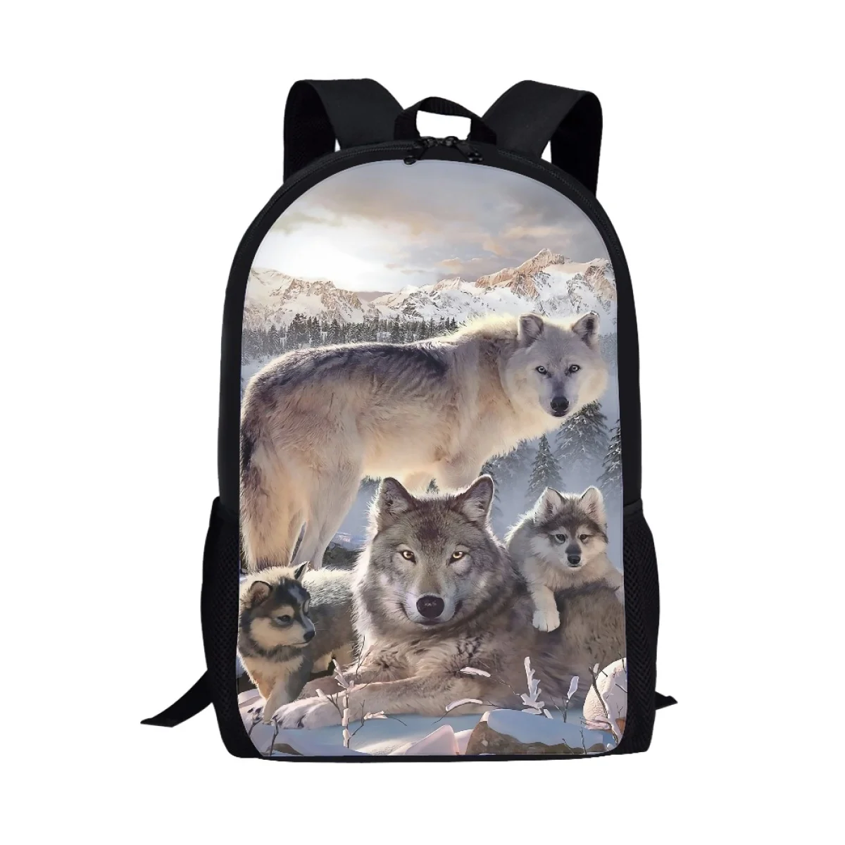 

New Casual Schoolbag Boys Girls Cool Animal White Wolf Pattern Backpack Adjustable Portable Teenage Side Pocket Satchel