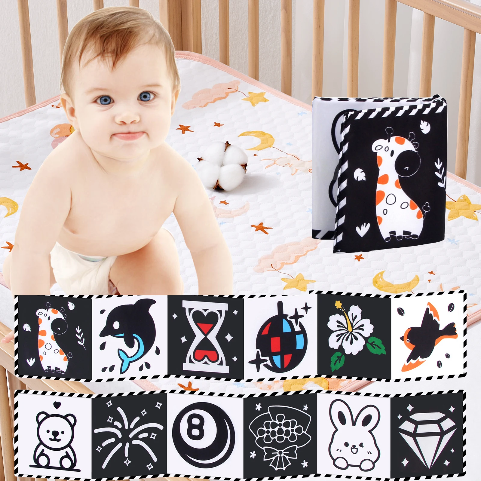 Animal Sensory Cloth Books for Babies 0-36 Months High Contrast Montessori Toy Newborn Crib Toys