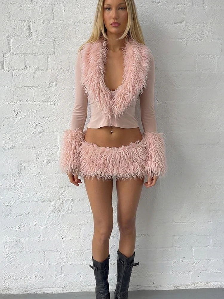 Weird Puss Herbst Neuer Stil 2-teiliges Set Damen Plüsch-Patchwork Tief Ausgeschnittenes Langarm-Crop-Top + Minirock Sexy Modische Outfits – Detail 22