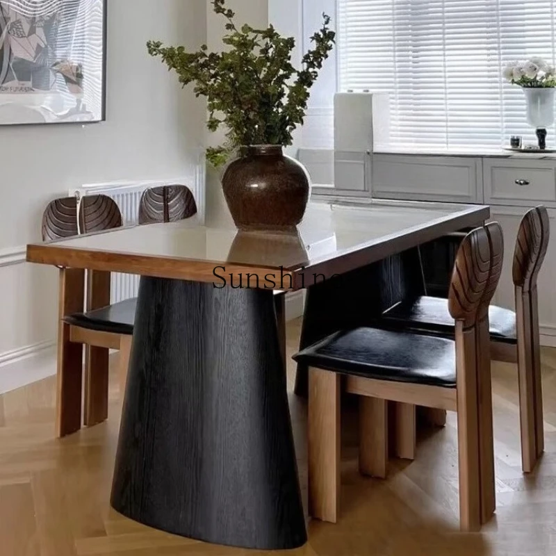 

Medieval solid wood black rattan creative home dining table B & B rectangular silent workbench