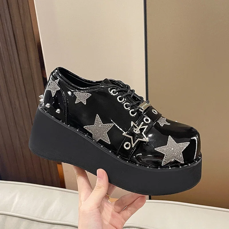 Punk Platform Wedge Shoes for Women Rivet Decoration Ankle Boots Woman Black Jk Lolita Shoes New Design Patent Leather Lady Shoe