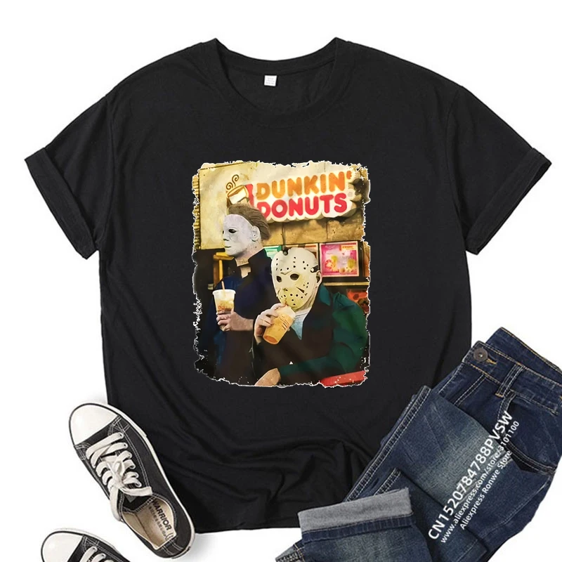 Dunkin Donuts Women's Retro Horror Movie-Inspired Pearl Milk Tea Graphic T-Shirt Casual Short Sleeve Crew Neck Top for Summer