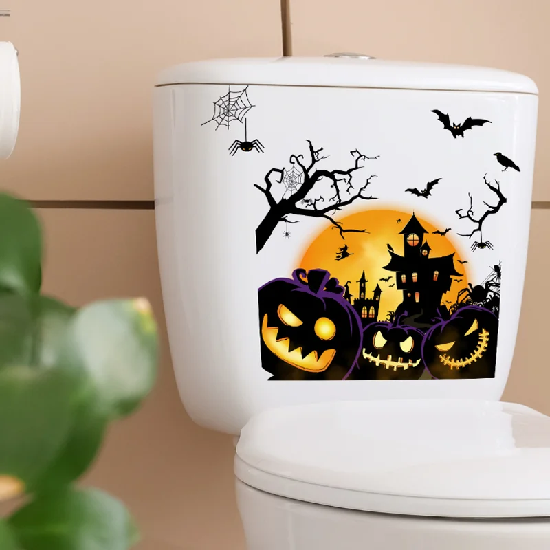 Pumpkin Lantern Bat Halloween Wall Stickers Window Glass Toilet Sticker Bathroom Decoration Self-adhesive Removable Waterproof