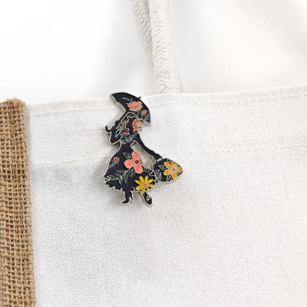 Mary Poppins Emaille-Anstecknadel Klassische Fliegende Regenschirm-Brosche Vintage Silhouette Blumen-Abzeichen Magische Nanny-Anstecknadeln Rucksack-Fans Geschenk – Detail 5
