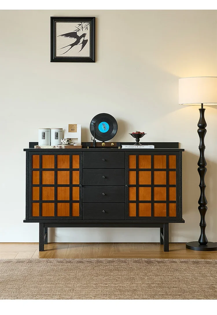 

Medieval solid wood living room dining side cabinet integrated against the wall retro bone line household storage tea cabinet