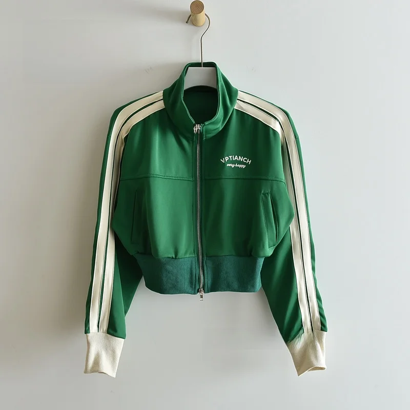 

Street Sle American Color Blo Sports Top Women's Casual Embroidered Stand Collar Double Zipper ort Baseball Jaet