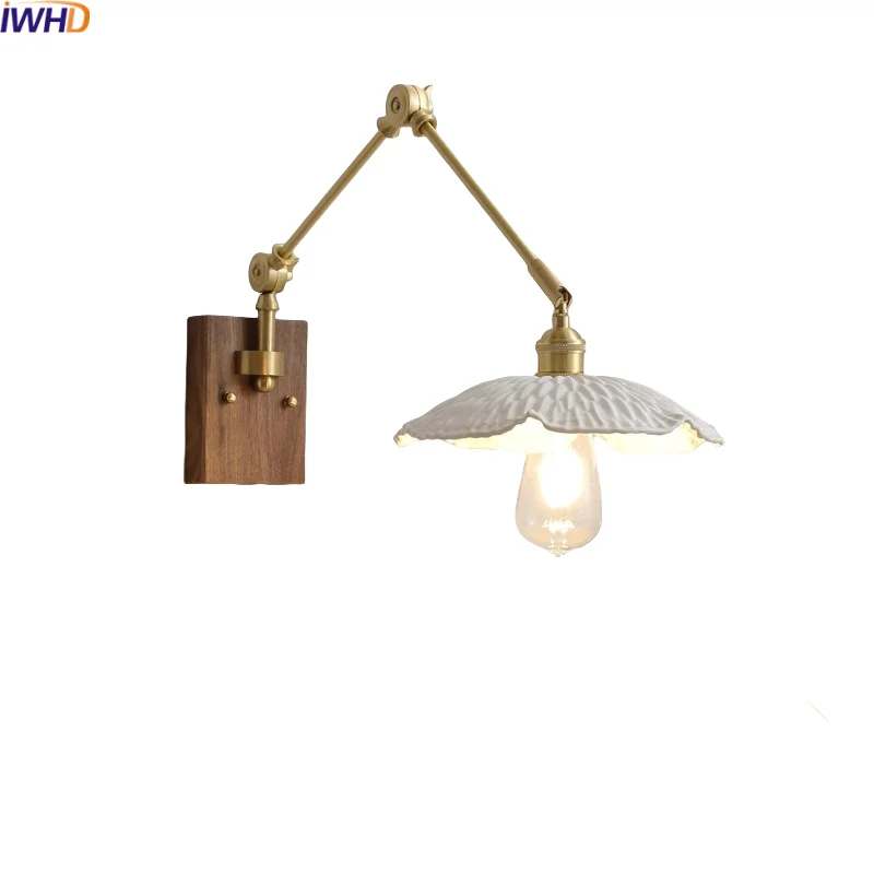 

IWHD Swing Arm LED Wall Lights For Bathroom Bedroom Living Room Home Decor Modern Bedside Lamp Ceramic Copper Applique Murale