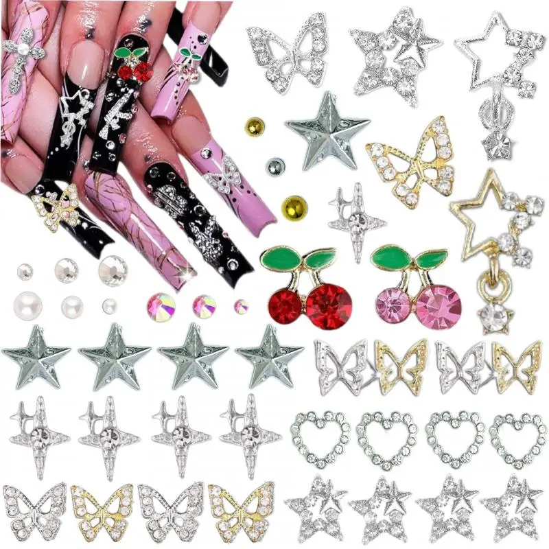 1Box Light Luxury Butterfly Four-star Alloy Nail Charms 3D Cherry Hollowed-out Heart Star Nail Art Accessories for DIY Manicure