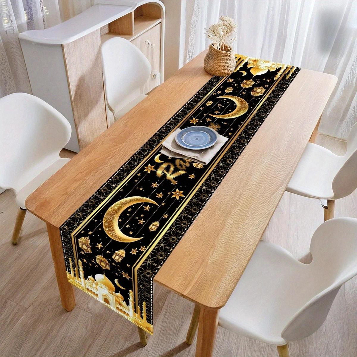 Ramadan Star Moon Lantern Linen Table Runner Party Decor Reusable Eid Mubarak Kitchen Dining Table Runner Ramadan Decorations