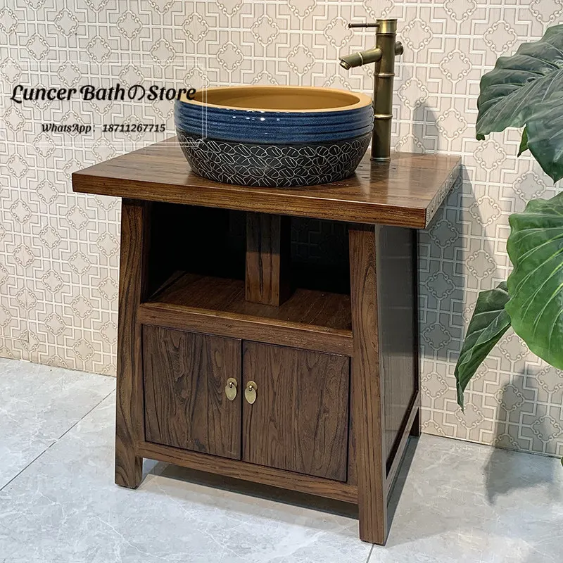 

Old Elm Wood Chinese Bathroom Vanity Set, Solid Wood Floor Standing for Small Space, Vintage Hand Wash Basin Cabinet