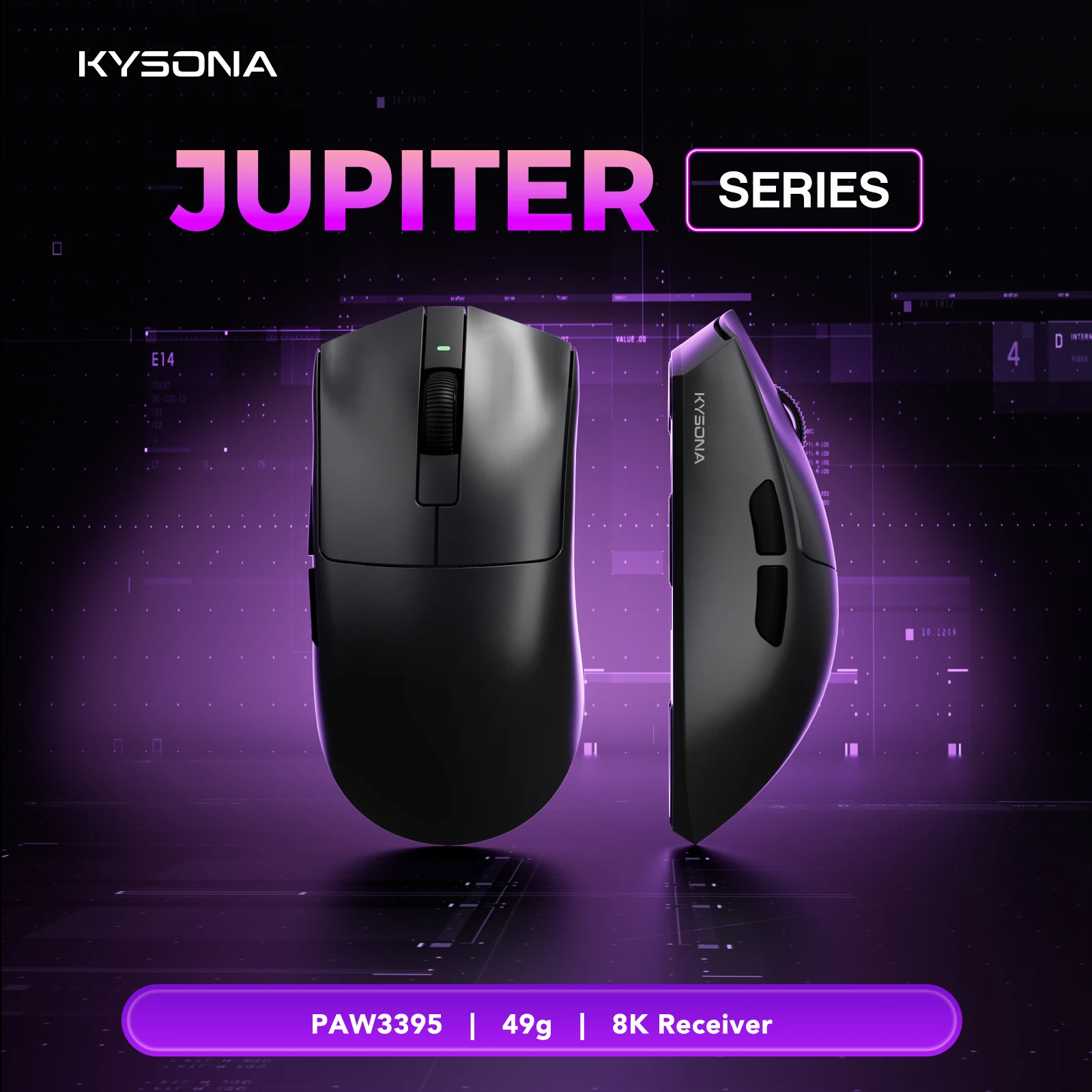 

Беспроводная мышь Kysona Jupiter PAW3395, датчик 26000 точек на дюйм, легкая, 49 г, 8 кГц, Bluetooth перезаряжаемая игровая мышь для ПК, ноутбука, подарок