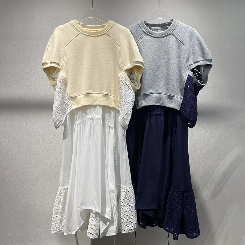 2025 Summer New Style Round-neck Open-Weave Embroidered Patchwork Short-Sleeved Long Dress Small-Scale Two-Piece Set