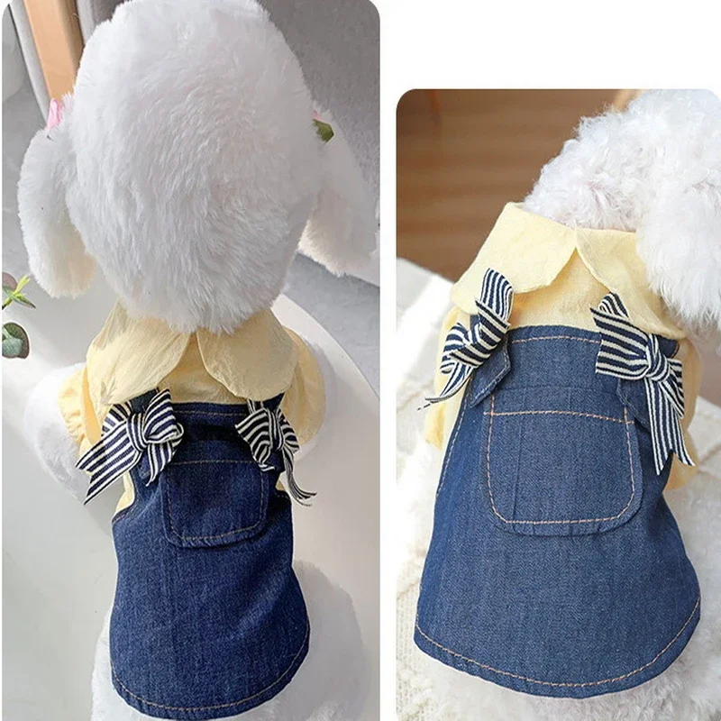 

Dog Clothing Summer Thin Cat Princess Skirt Yellow Peter Pan Collar Bow Strap Denim Dress for Small Medium Dog L4393