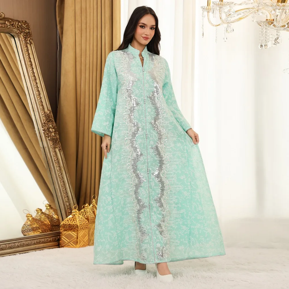 Eid Muslim Abaya Dress for Women Sequins Button Jalabiya Kaftan Islam Vestidos Largo Arab Long Robe Ramadan Morocco Abayas