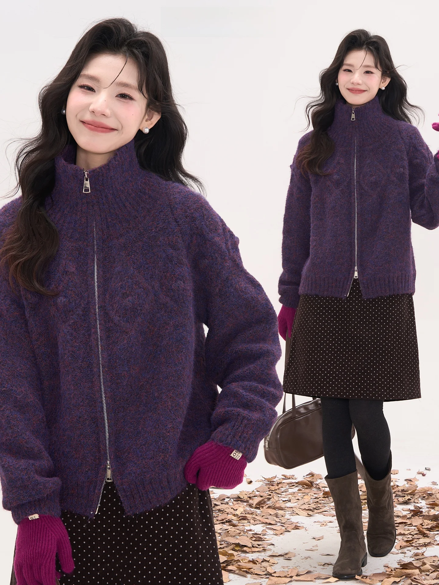 

Heme Heareat Knitted Cardigan High Collar Double Zipper 3D Furry Sweater Outerwear Winter Women's Loose Fit Long Sve