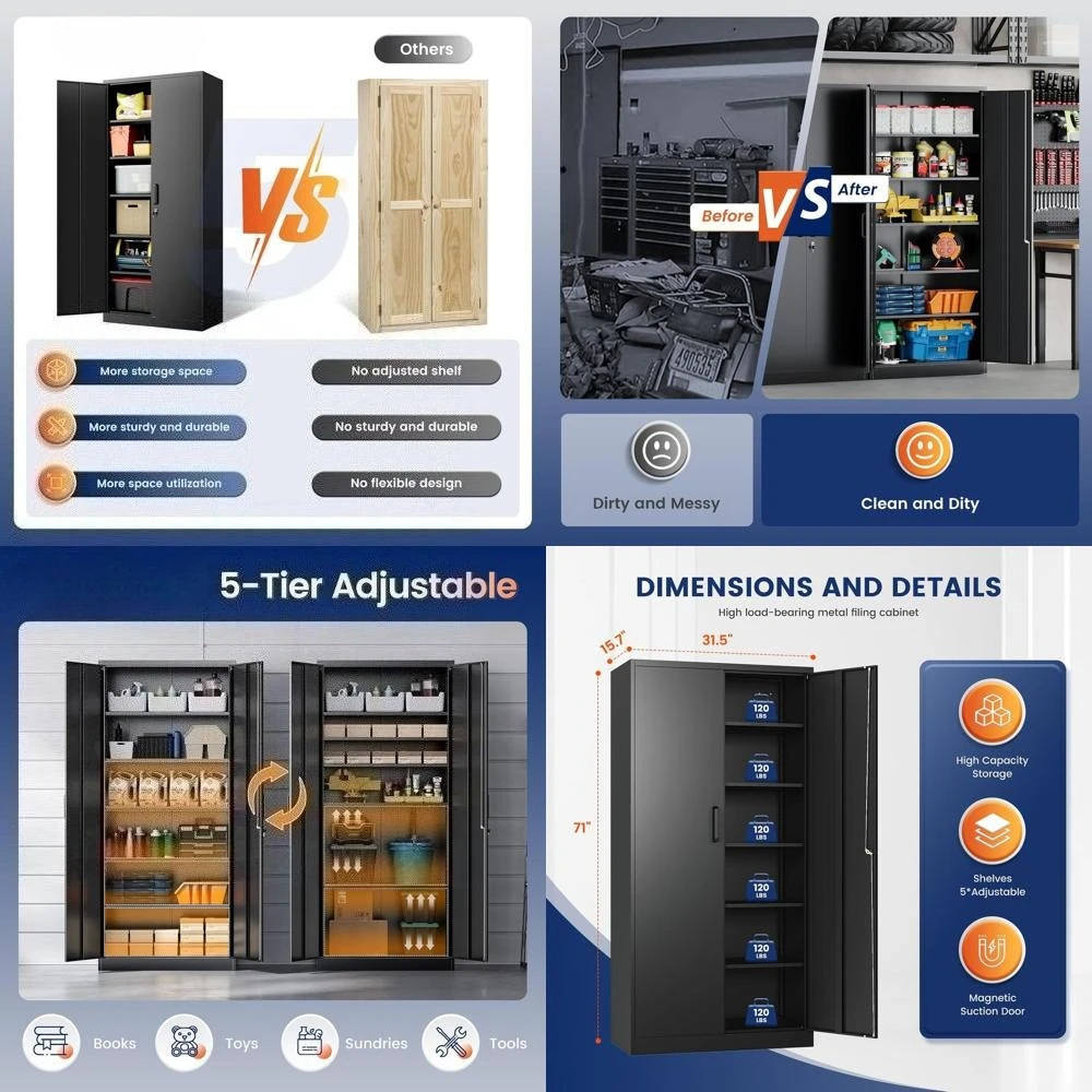 

71" Black Steel Lockable Garage Storage Cabinet with 2 Doors and 5 Adjustable Shelves for Tools, Office, Home, and Gym