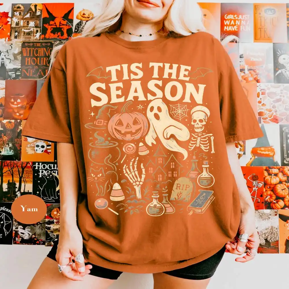 Women Retro 'Tis The Season Skeleton Pumpkin Ghost Halloween T-Shirt Vintage Halloween Comfort Y2K Top Daily Trendy Streetwear