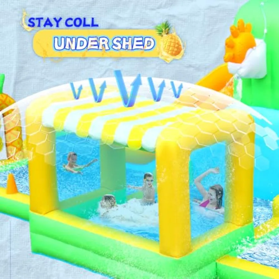 Backyard inflatable water slide for kids aged 3-8, PVC material, green and yellow, tropical watermelon pineapple theme with sha