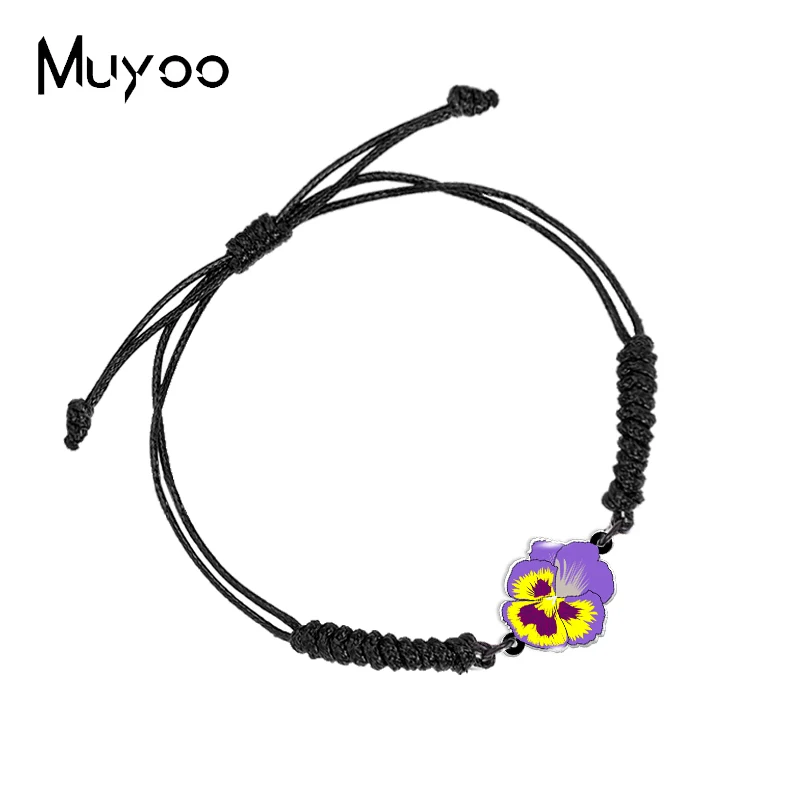 2022 New Arrival Pansy Flowers Beautiful FLower Paintings Adjustable Rope Bracelets Handmade Epoxy Resin Acrylic Weave Bracelets