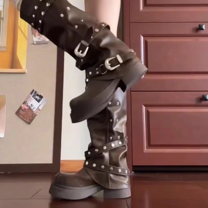

Women's Boots Thick-soled Trouser Legs Leather High Boot Fashion Designer Rivet Boot Punk Gothic Womens Knight Boots Botas Mujer