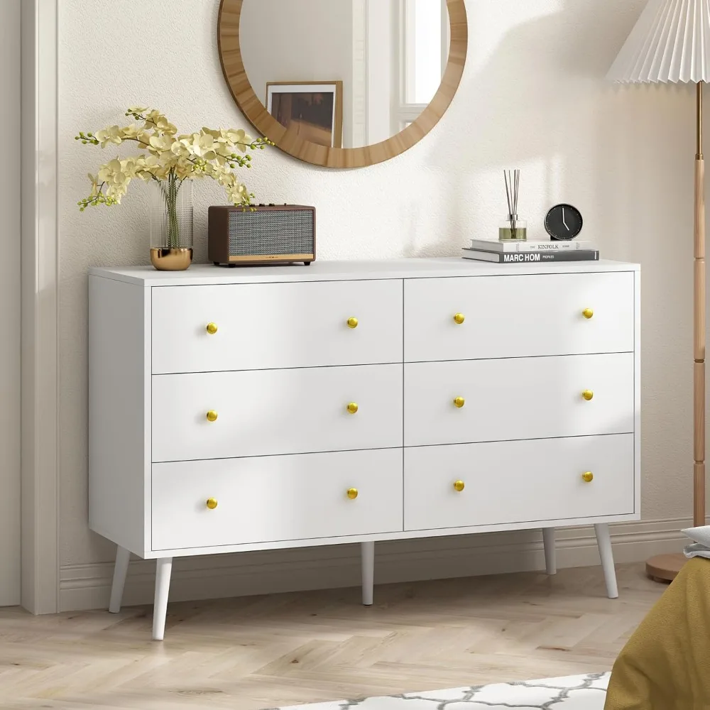 White Dresser for Bedroom, Double Wood Dresser with Gold Handles, 6 Drawer Dresser, Modern Mid Century Chest of Drawers