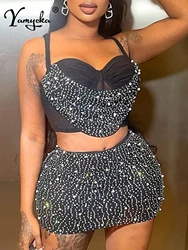 Sexy backless black rhinestone mini summer dress women 2026 bodycon night club birthday party dress sets evening dresses vestido