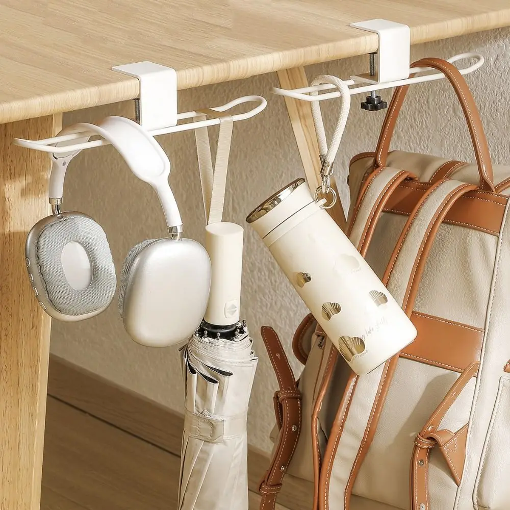 Adjustable Desk Side Hook Carbon Steel Punch-free Desk Mounted Hook Anti Slip Clamp On Table Backpack Holder Home Office