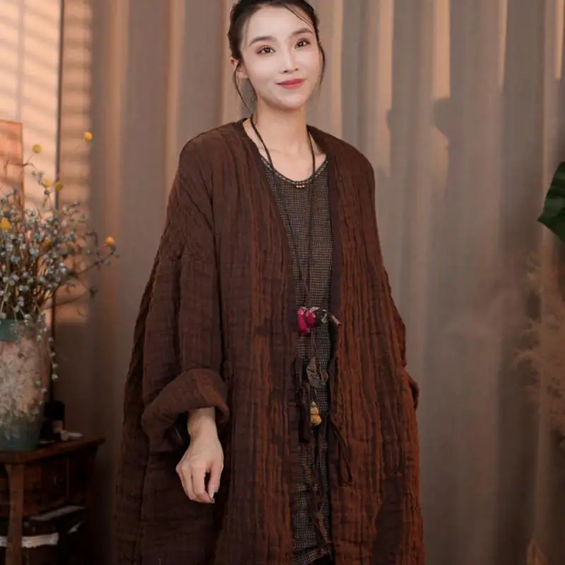 2026 Spring Autumn Arts Style Women V-neck Batwing Sleeve lacing Long Open Stitch High Quality Texture Linen Loose Vintage Coat