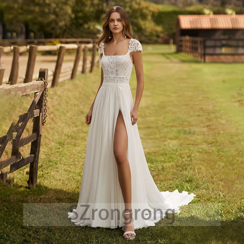 

Custom Made Bohemaid Spaghetti Strap Lace Wedding Party Dress A-line Chiffon Backless Side Slit Bridal Dress with Court