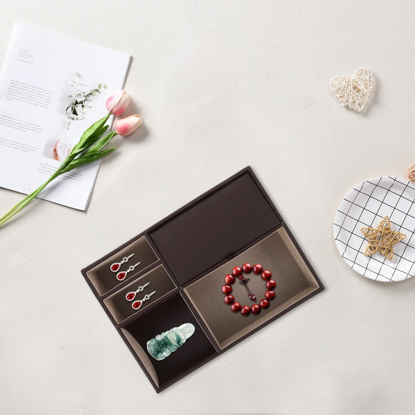 

Jewelry Storage Box Watch Glasses Organizer Decorative MDF Desk Case Vintage Compartment Container Earring Necklace Bag Travel