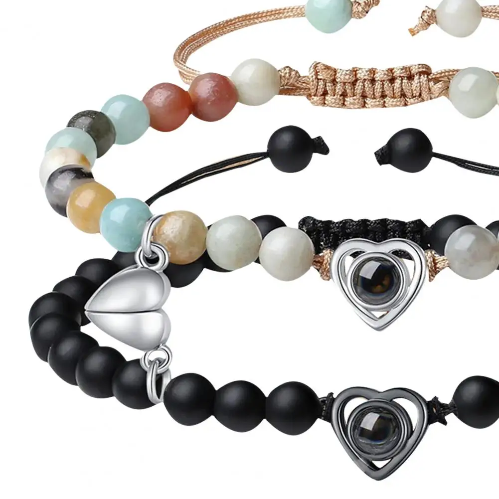 Projection Couple Bracelet 2pcs His Her Matching Bracelets Set Adjustable Couple Jewelry Gift Heart Beads Pairing Bracelet