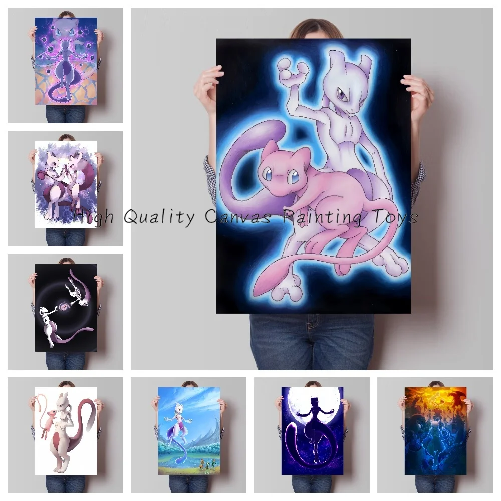 Art Print Fabric Anime Pokemon Mewtwo Mew Mega Evolution Poster Decor Wall Abstract Canvas Painting Modern Room Decor Picture