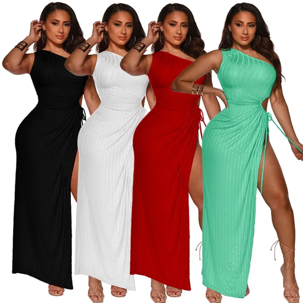 K9881 Hochelastisches One-Shoulder-Sexy-Split-Kleid, einfarbiger Nachtclub-Rock für Frauen in Europa und USA
