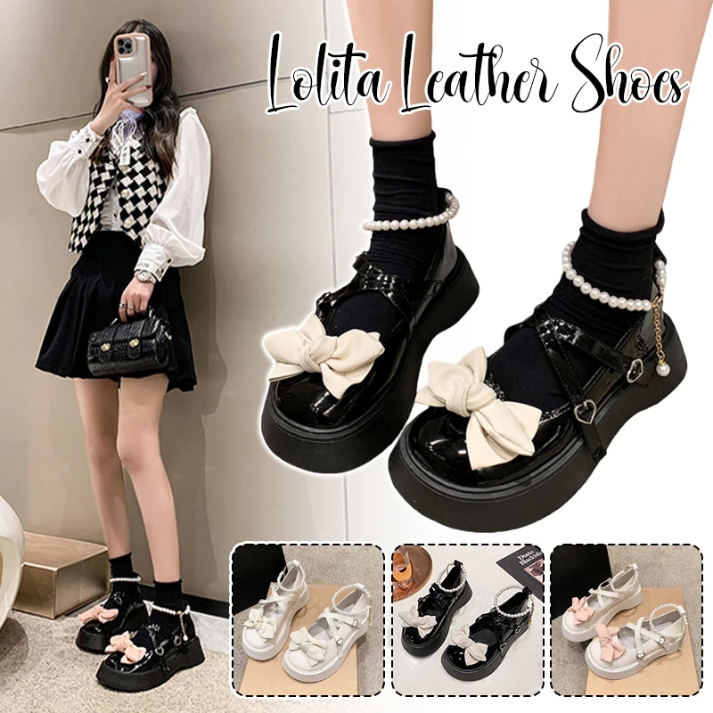 

Sweet Lolita Mary Jane Shoes for Women Heart Buckle Bow Pearl Platform Pumps PU Leather Thick Sole Party Cosplay Footwear