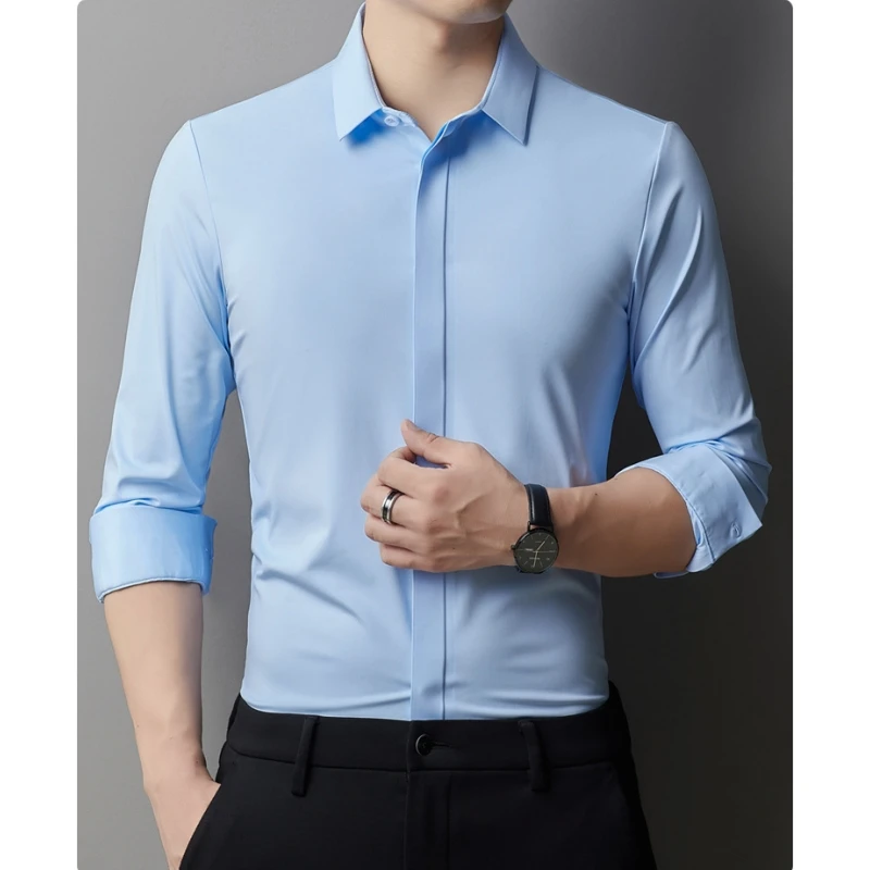 

High end Hidden Button Luxurious Men's Long Sleeve Shirt Men's Business Top Wrinkle-resistant Non-iron Solid Men Clothing C0101