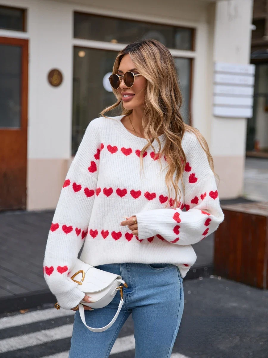 Bornladies Love Fashion Pullover Sweter Jesień Zima Gruby Ciepły Damski O-Neck Nadruk Oversized Casual Sweter z dzianiny