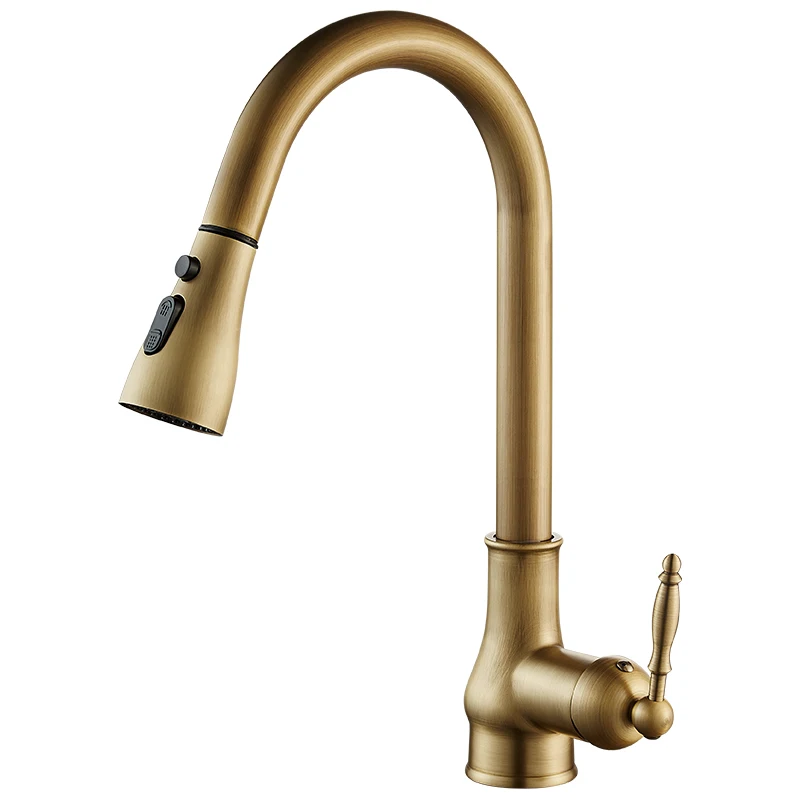 Kitchen faucet European antique brass two-in-one pull-out sink vegetable basin rotating pressurized nozzle splash-proof