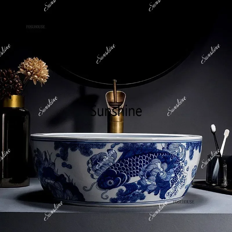 Blue and White High Temperature Ceramic Washbasin Bathroom Sinks on Countertop Basin Home Balcony Washbasin Bathroom Fixture j