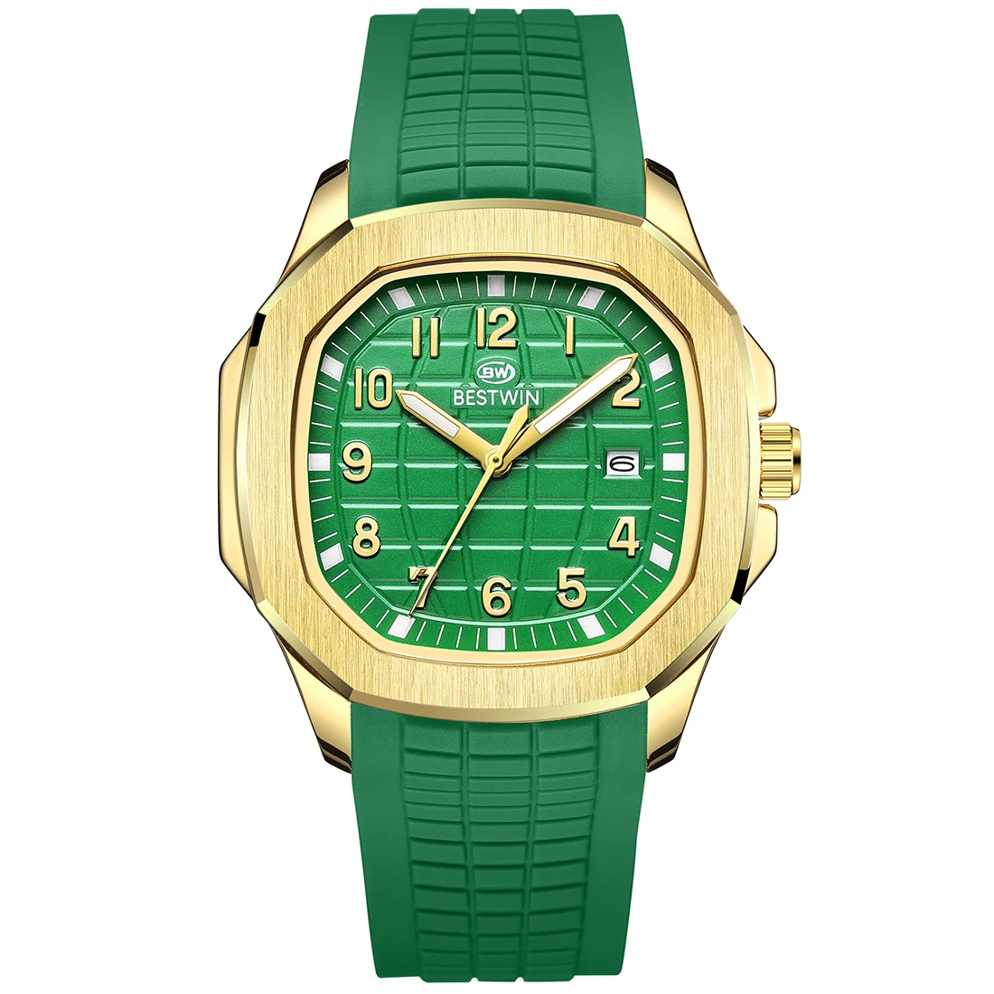 Luxury Men Watch Square Green Gold Dial Men\'s Quartz Sports Wristwatch Rubber Strap Watches Business Man Stainless Steel Clock