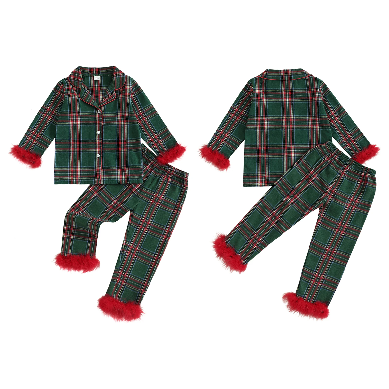 2026 عيد الميلاد فتاة صغيرة عيد الميلاد منقوشة بيجامة مجموعة غامض تقليم كم طويل بلايز ومرونة الخصر السراويل 2 قطعة ملابس خاصة الزي #2