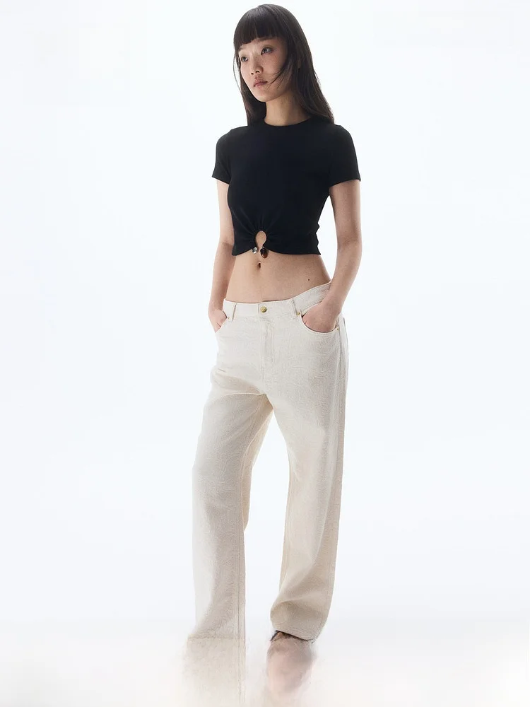 

Женская футболка H&M Slim Fit с коротким рукавом, круглым вырезом, ажурными вставками и декором из бусин, летний топ, 1292060, полиэстер, спандекс