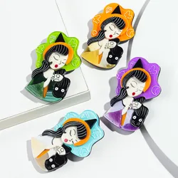 Cute Coffee Female Cat Acrylic Brooches for Women Cartoon Hat Lady Figure Badges Pins Female Office Jewelry Accessories Gifts