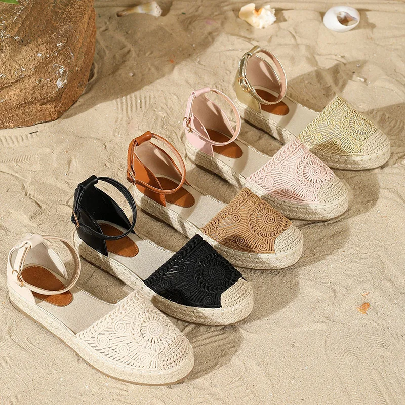 Hemp Espadrilles Women Platform Casual Shoes Bohemian Beach Sandals Ankle Buckle Strap Flats Cotton Rope Linen Leather Sandals