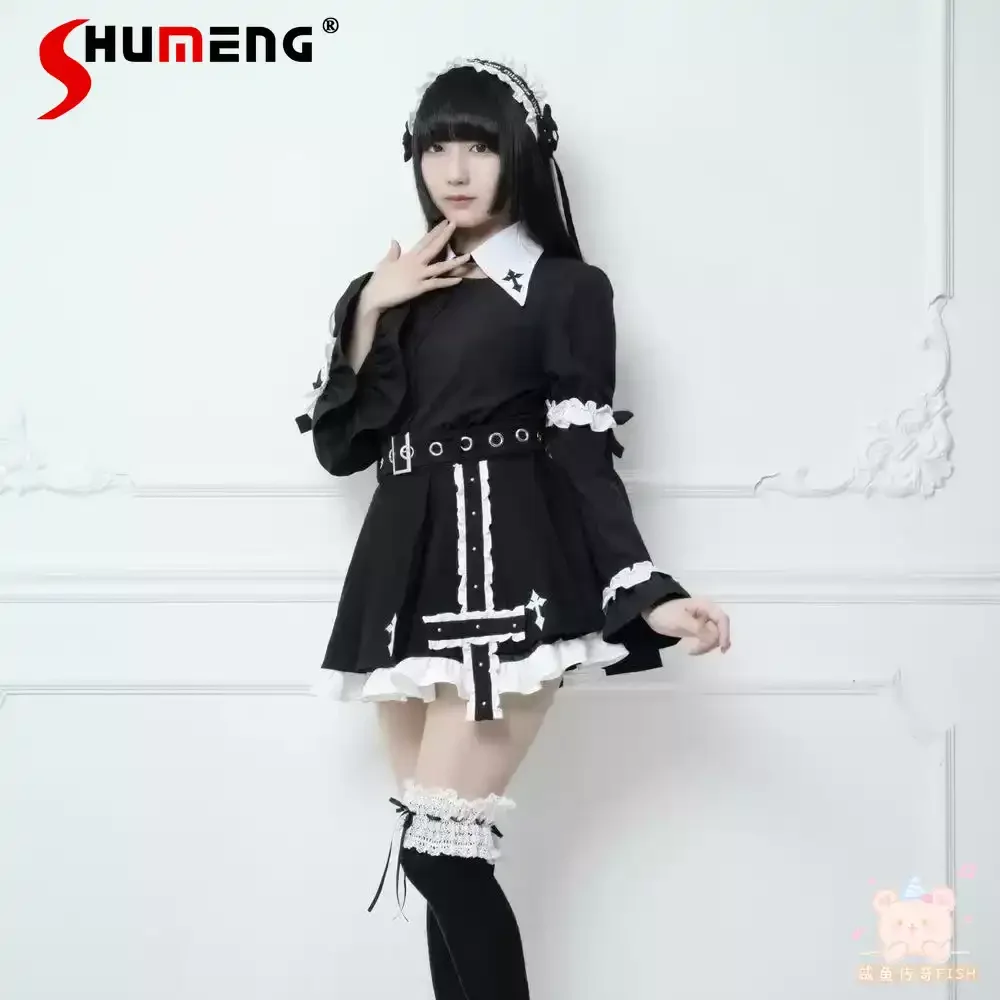 

Japanese Mass-produced Subculture Dark Gothic Striped Short Skirts High Waist Belt Cross Embroidery A-line Pleated Skirt Women