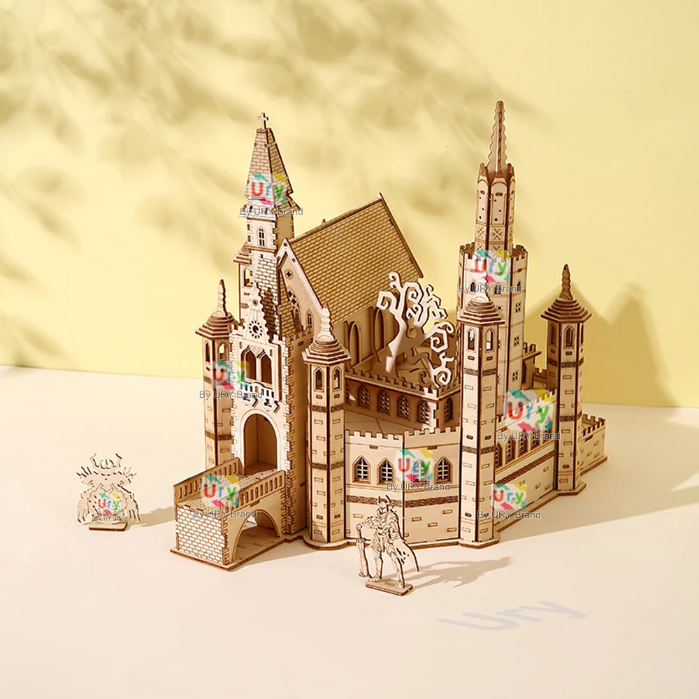 URY 3D Wooden Puzzle House Royal Knight's Castle with Box Assembly Retro Toy for Kids Adult DIY Model Kits Decoration Gifts