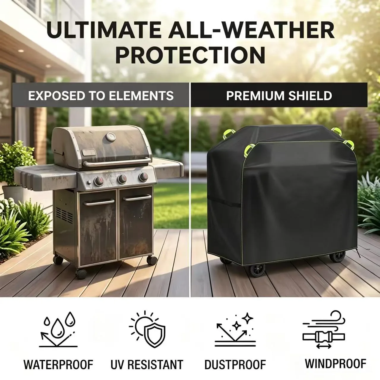 BBQ Cover, BBQ Gas Grill Cover, Suitable for Outdoor Barbecue, Waterproof, UV-proof, 4 Hand-held Adjustable Hem Drawstrings